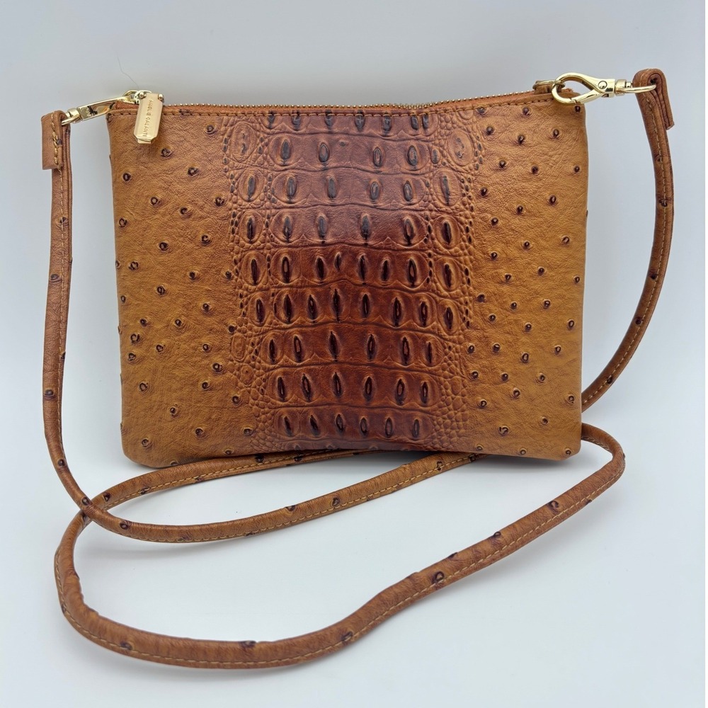 AMELIE GALANTI Brown Crossbody Handbag‎ Bag Croc Ostrich Gold Vegan Cognac Camel